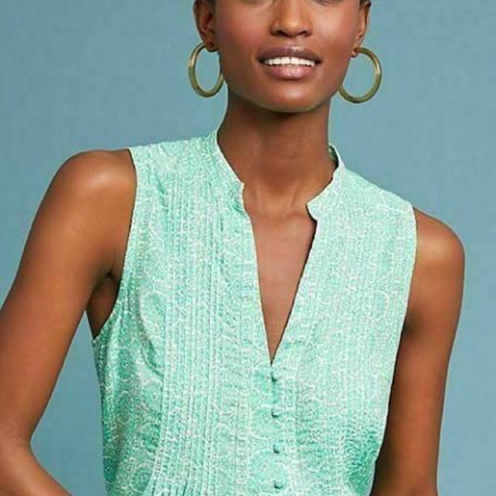 Anthropologie Maeve Green/White Petunia Top Sz XS